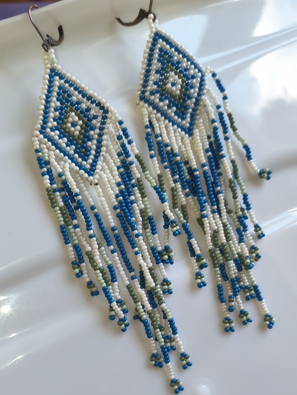 Southwestern Blue, White & Green Beaded Fringe Earring Shoulder Dusters Boho